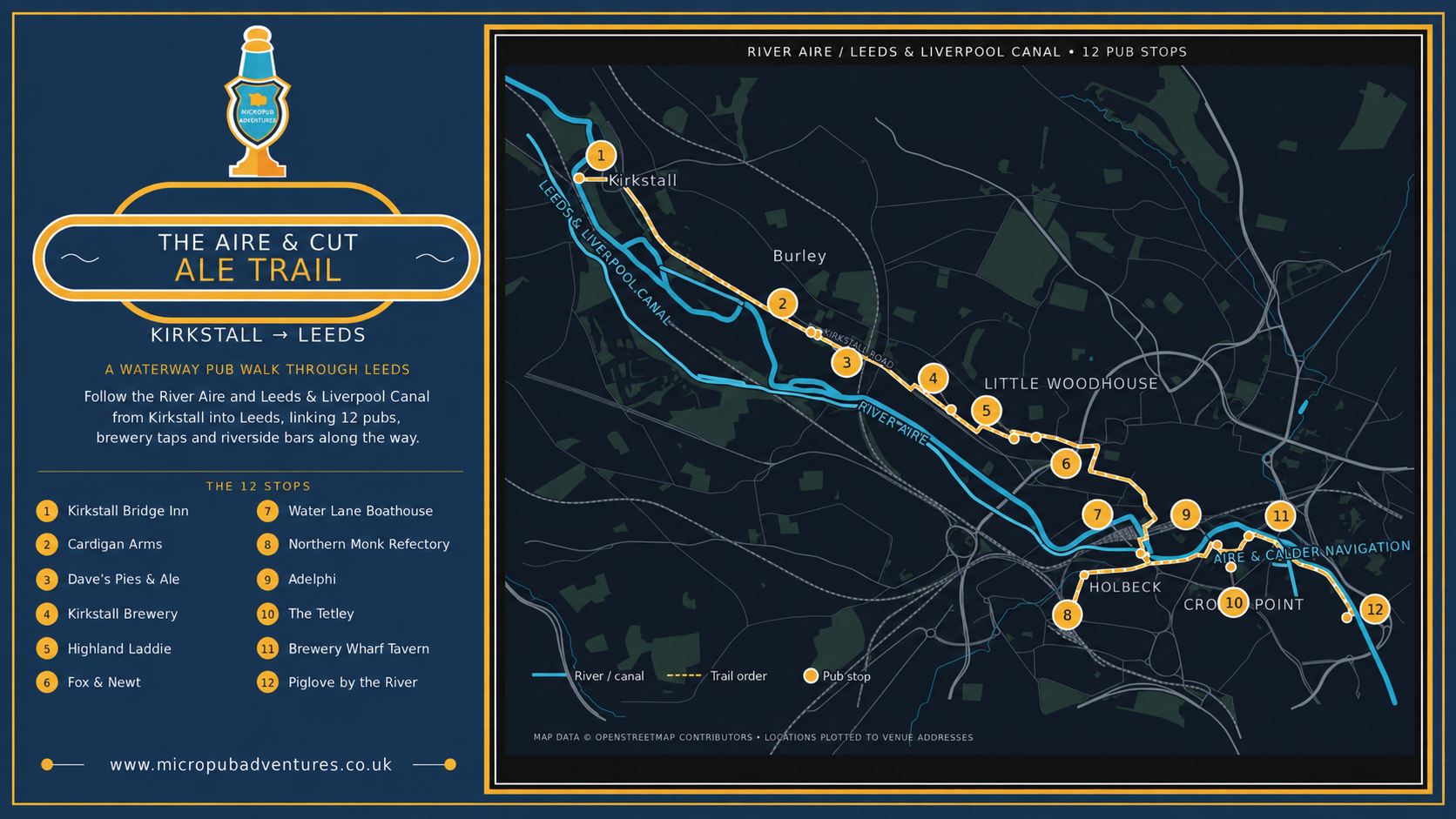 Aire & Cut Ale Trail map from Kirkstall to Leeds