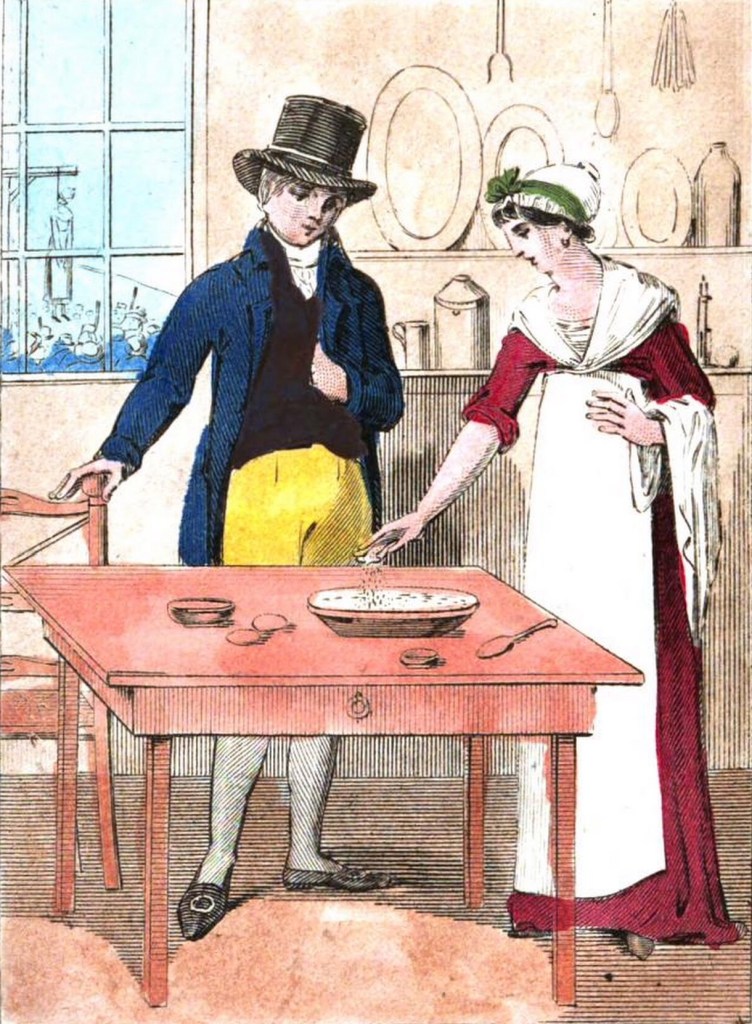 1809 illustration depicting Mary Bateman mixing poison beside a man in a top hat
